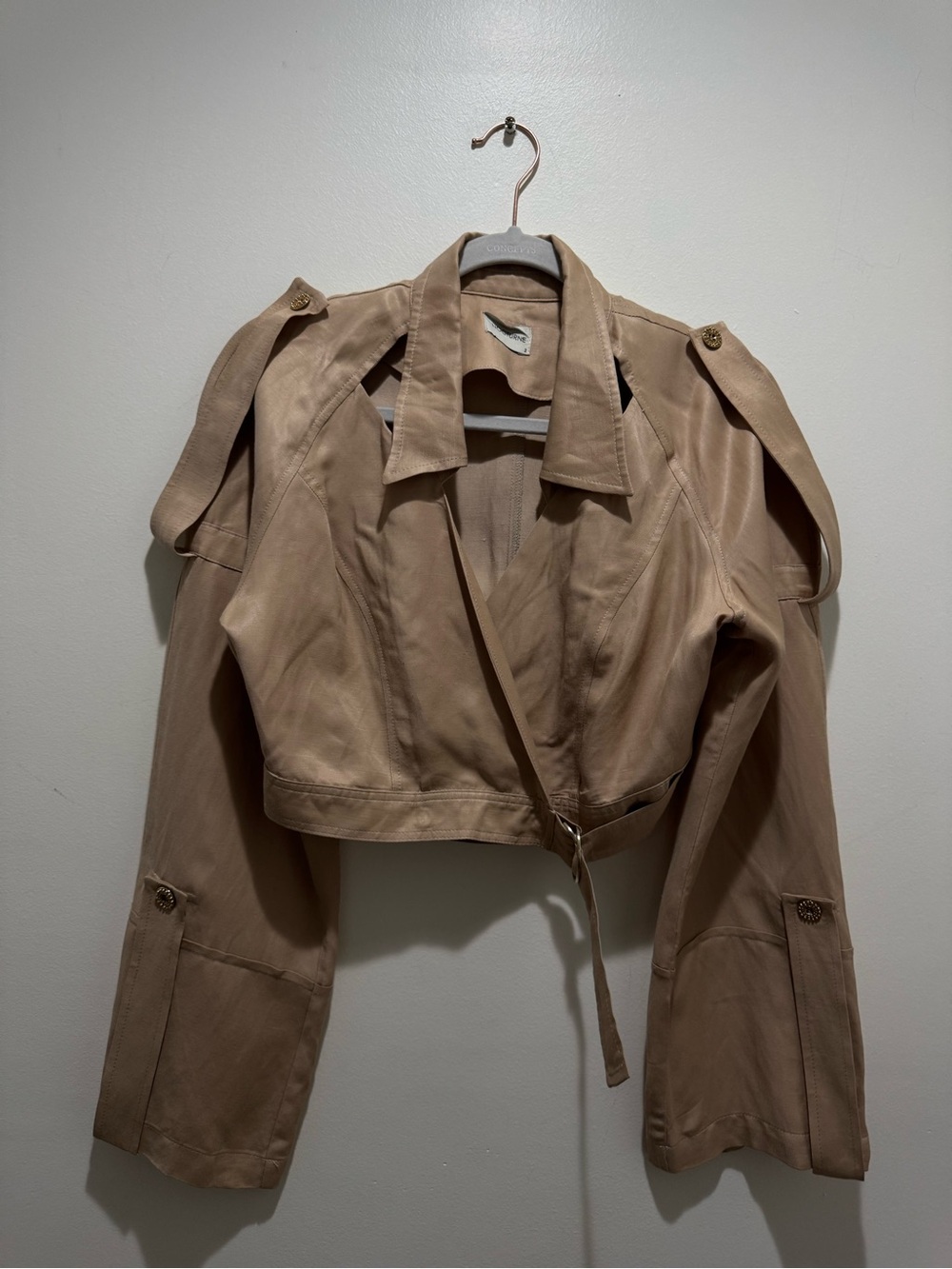 NOCTURNE Beige Cropped Wrap Jacket Linen Blend Open Shoulder Belted Size 2 - Picture 5 of 15